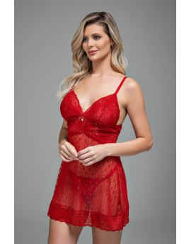 Camisola sem bojo e sem aro de tule coração e renda com calcinha fio string 