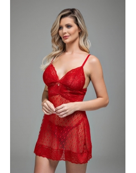 Camisola sem bojo e sem aro de tule coração e renda com calcinha fio string 