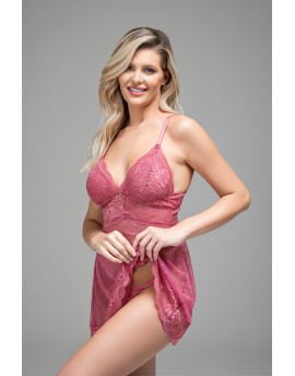 Camisola sem bojo e sem aro de tule coração e renda com calcinha fio string 