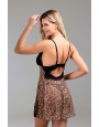 Camisola de tule animal print e renda com calcinha fio string de tule