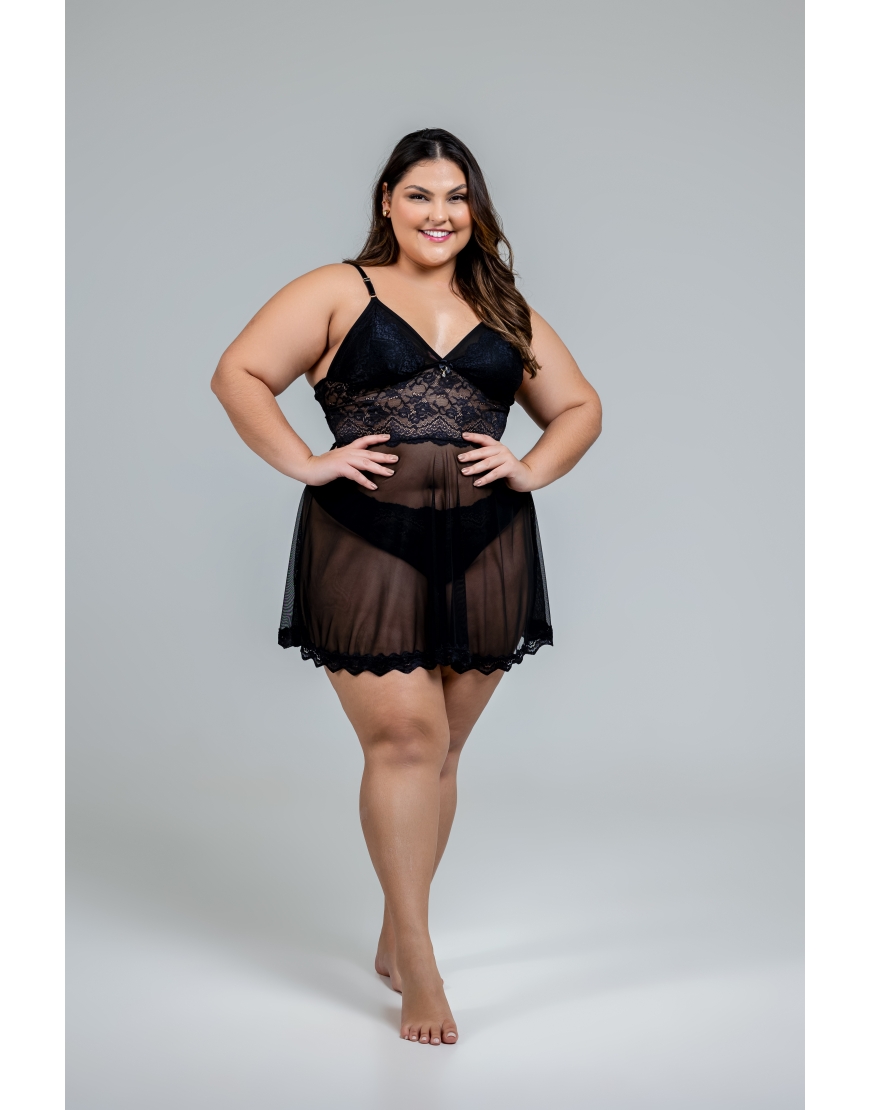 Camisola plus size sem bojo e sem aro de tule e renda e calcinha de tule 