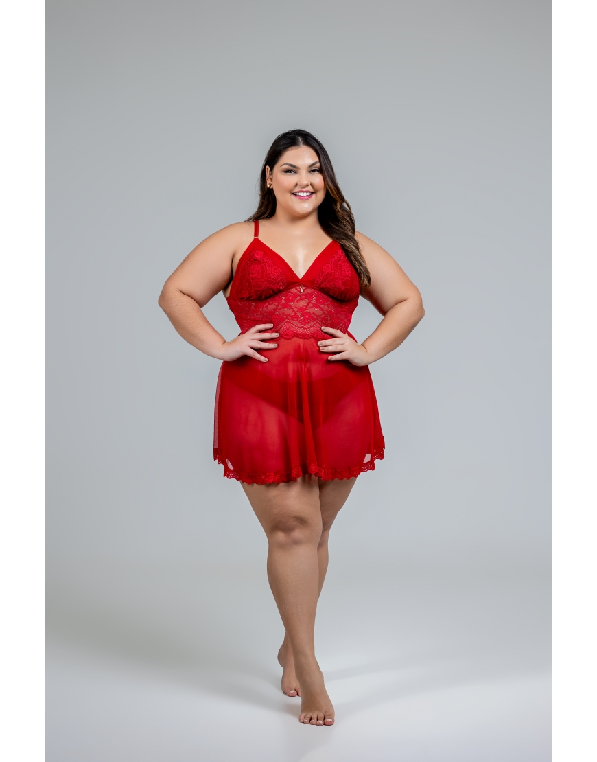 Camisola plus size sem bojo e sem aro de tule e renda e calcinha de tule 