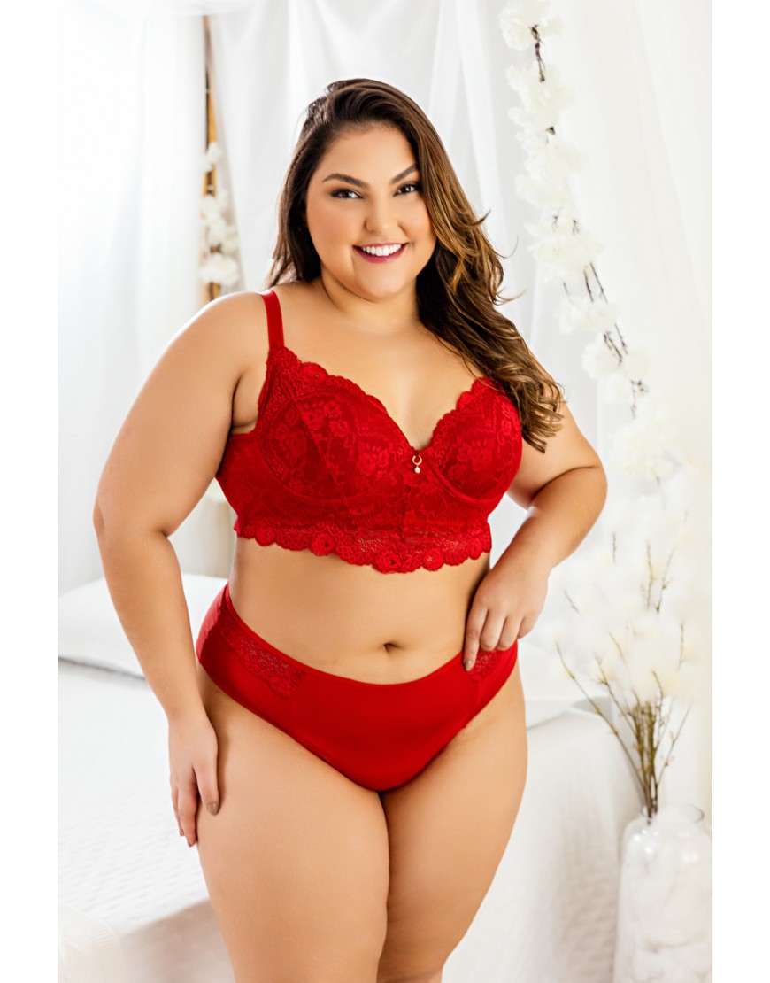 Conjunto plus size de microfibra e renda com calcinha fio duplo 