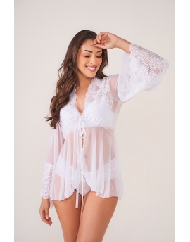 Robe luxo negligê de tule e renda com manga flaire..