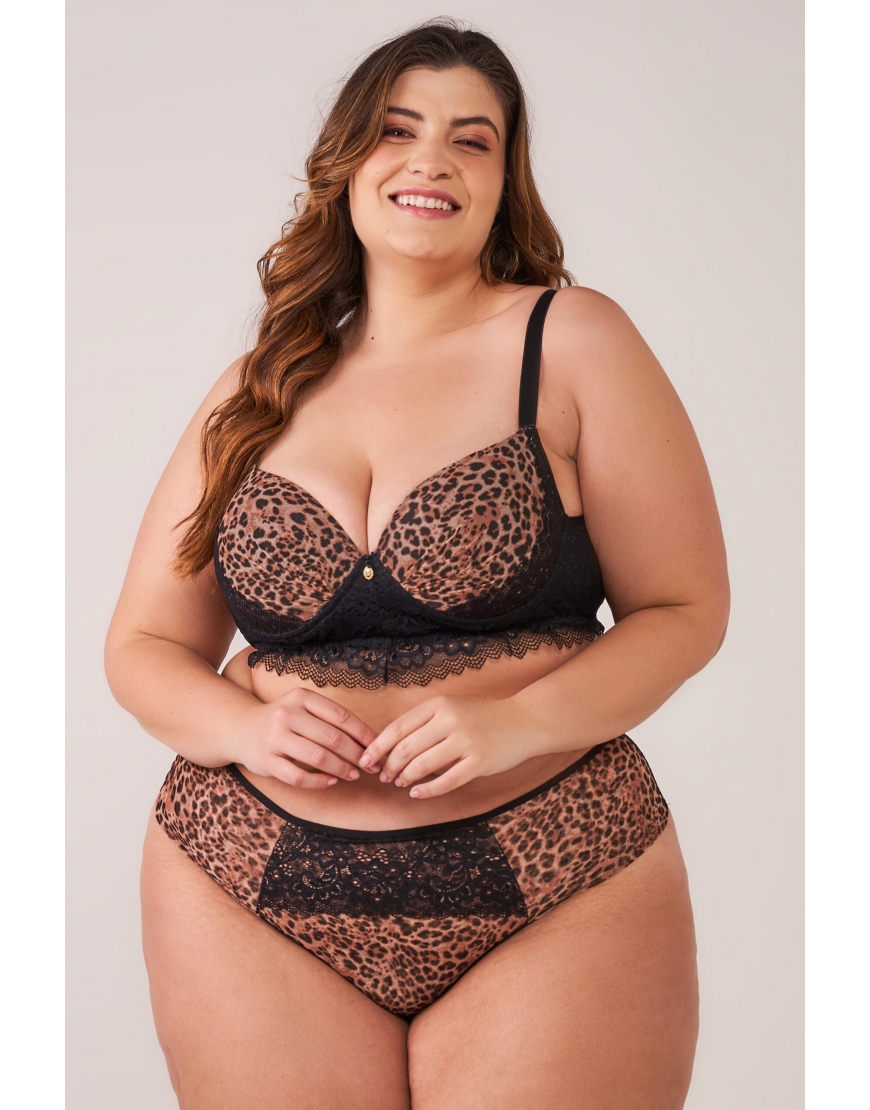 Conjunto plus size animal print de tule e renda 