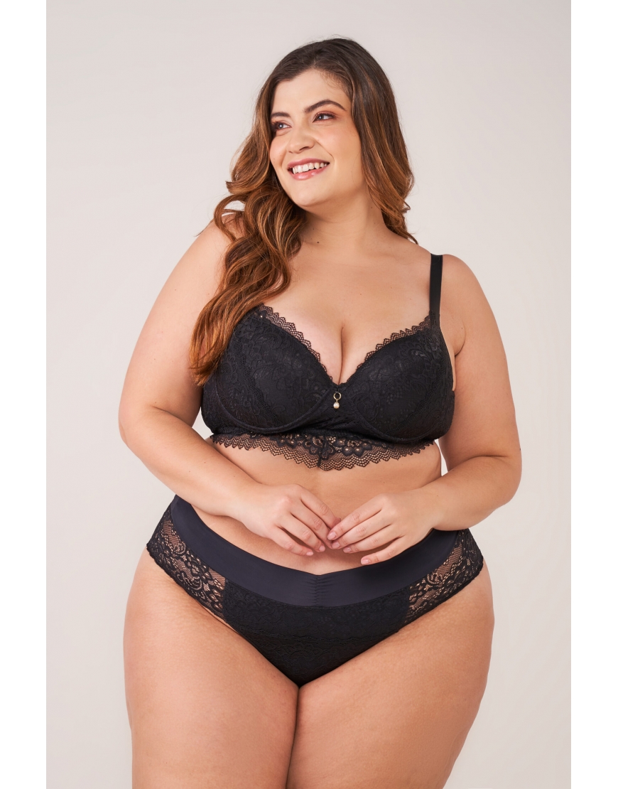 Conjunto plus size de microfibra e renda 